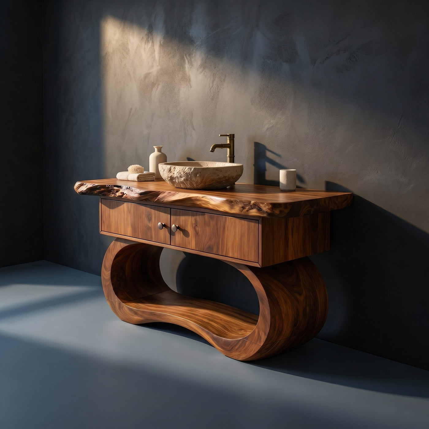 Solid Wood Bathroom Vanity Minimalist Organic With Open Shelf