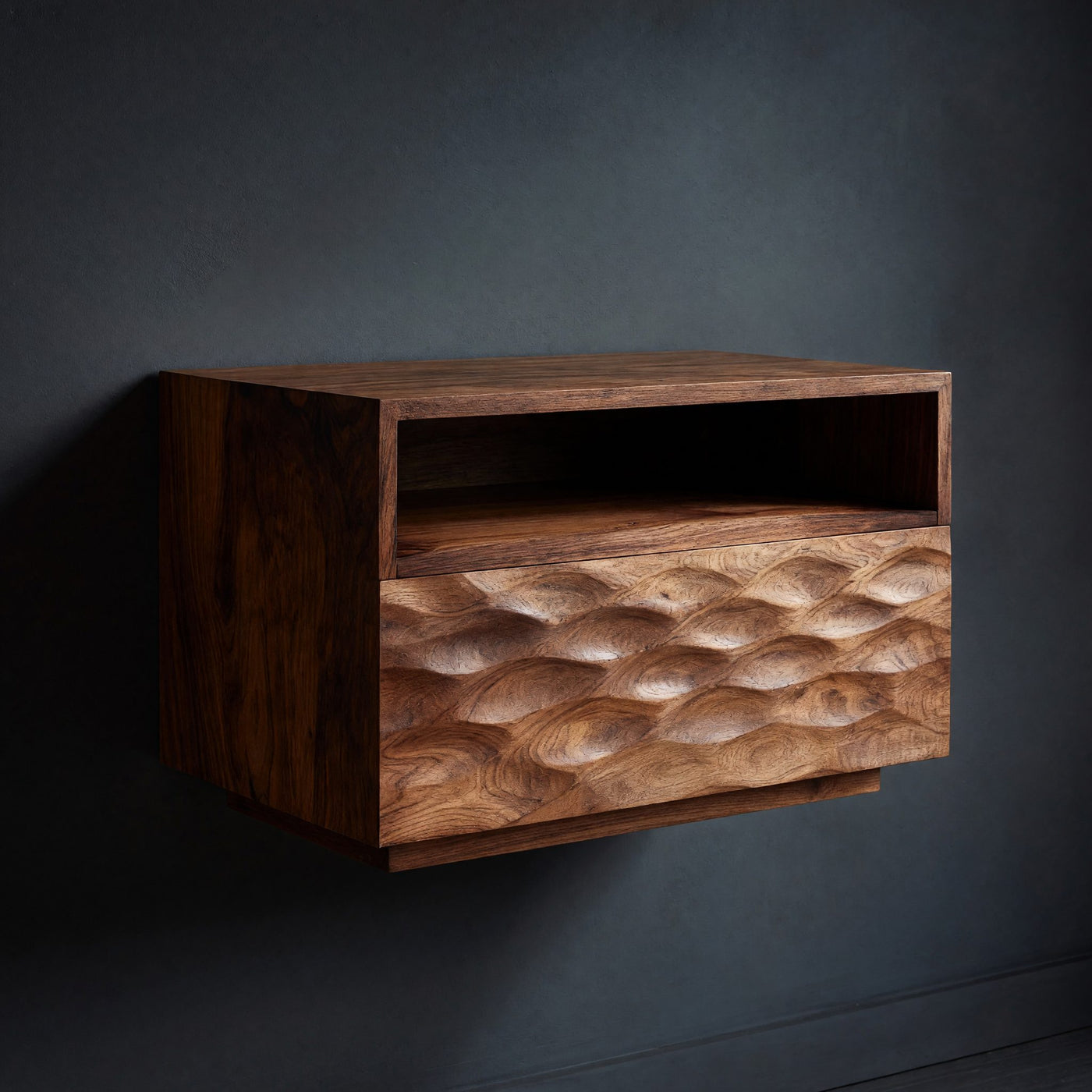 Solid Wood Nightstand Wall Mounted With Open Shelf Bedroom