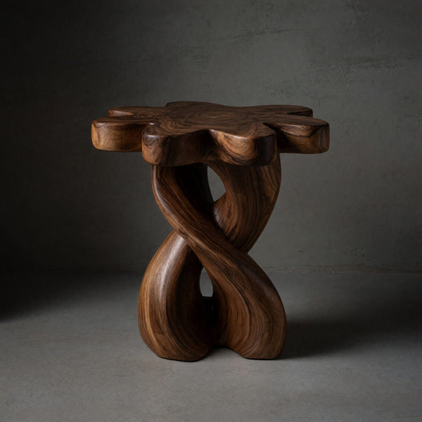 Solid Wood Nightstand With Twisted Base Flower Shaped Tabletop Bedroom