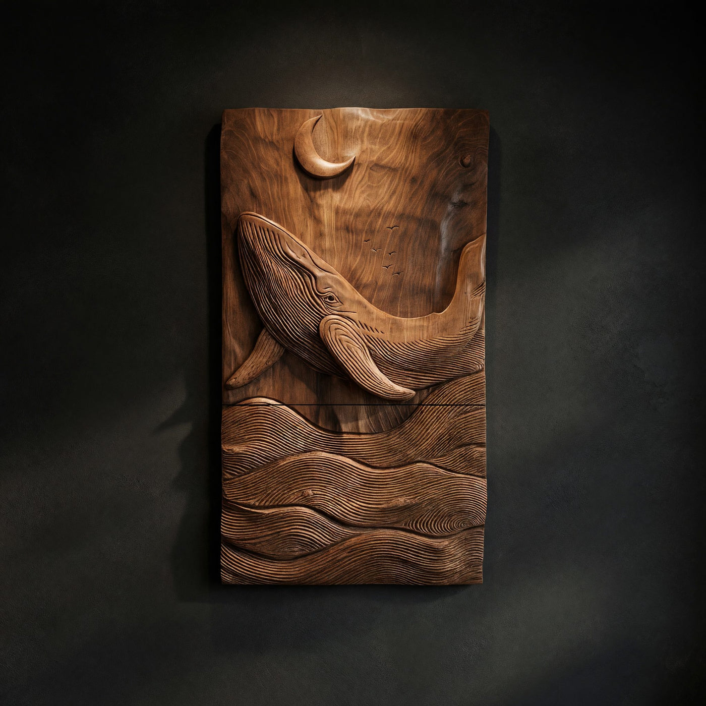 Grain of a Single Walnut Log, Carved as a Whale Wall Panel