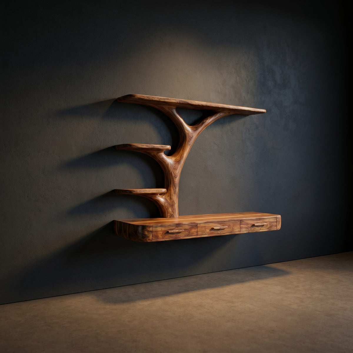 Organic Floating Desk With Branch Shaped Open Shelves For Workspace