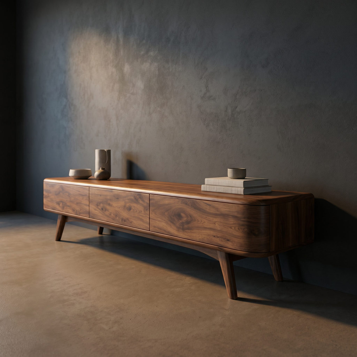 Organic Modern Wood Tv Cabinet With Flowing Shelving For Living