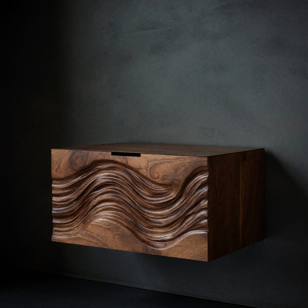Solid Wood Nightstand Floating With Wave Carved Front Bedroom