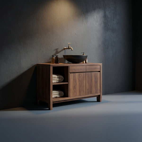 Solid Wood Bathroom Vanity Handcrafted Black With Open Shelves