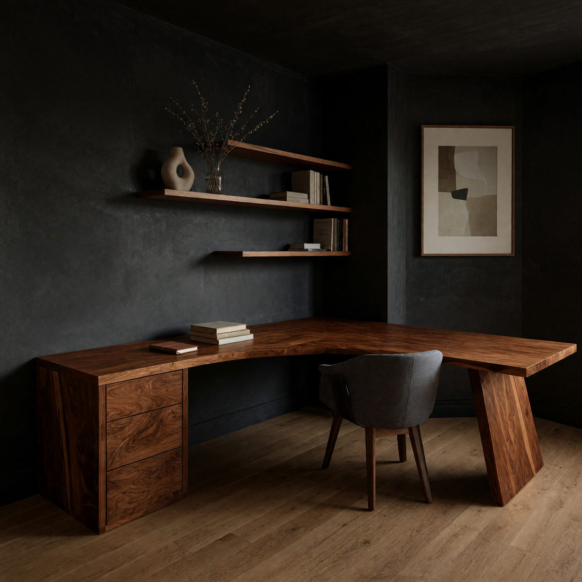 Angled Leg Corner Desk in Solid Walnut with Drawers