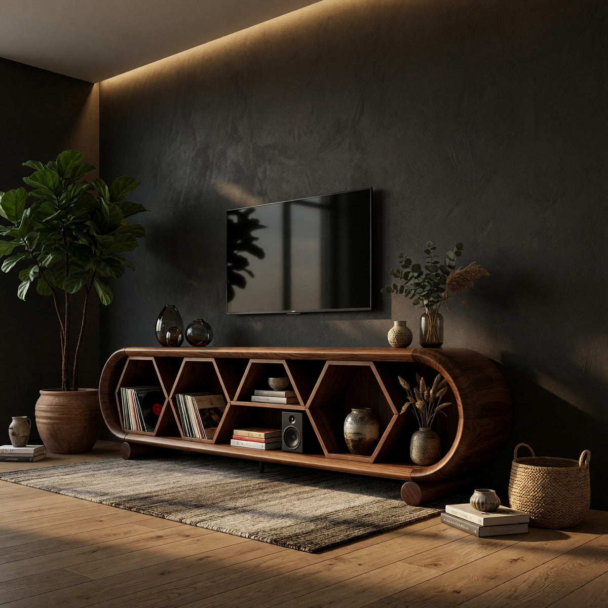 Honeycomb Walnut Media Console for Record Collections