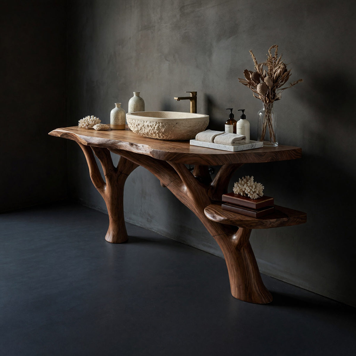 Solid Wood Live Edge Vanity Mid Century Guest Bathroom Setup