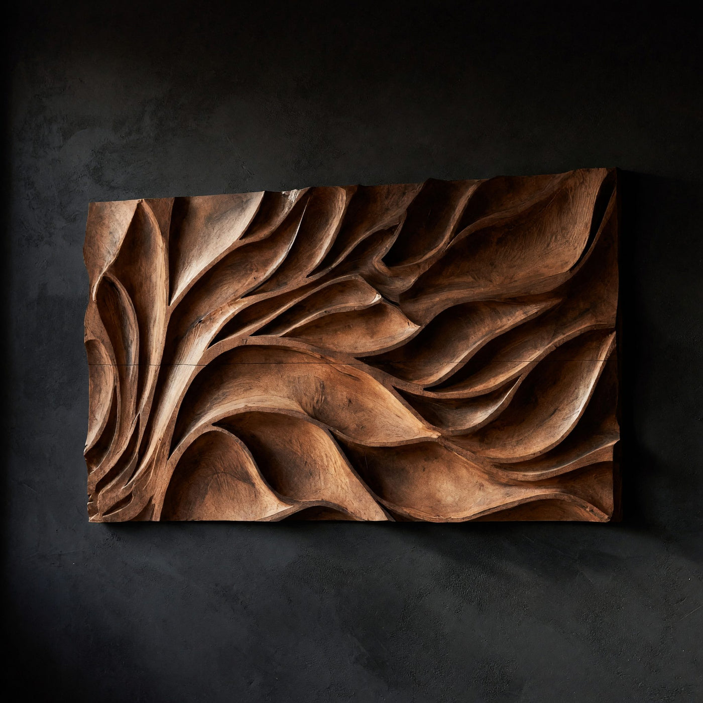 One Teak Slab Carved Into Drifting Leaves, Wall Panel