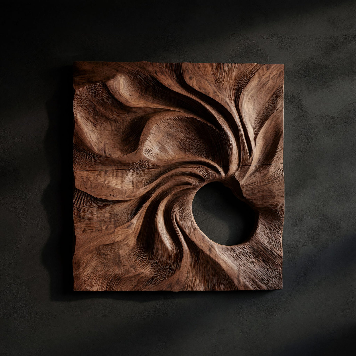 Spiral Vortex Carved Walnut Wall Relief Panel