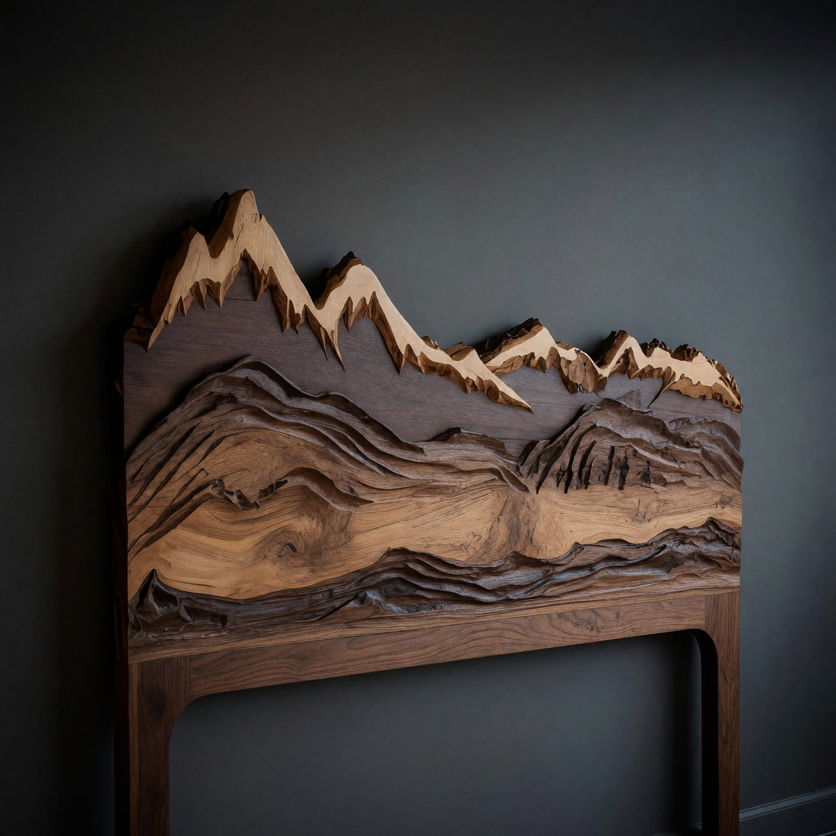 Solid Wood Headboard Mountain Carved Queen King Bed Rustic Bedroom