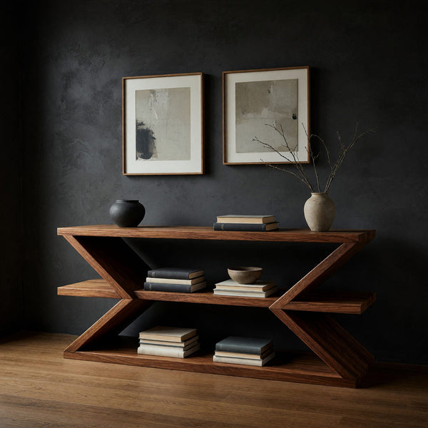 Crossed X-Base Console Table with Two Open Shelves