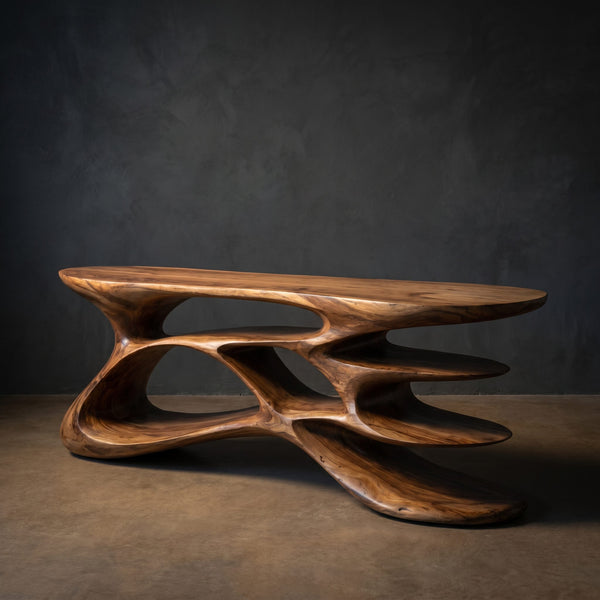 Wooden Console Table With Sculptural Form For Living Statement