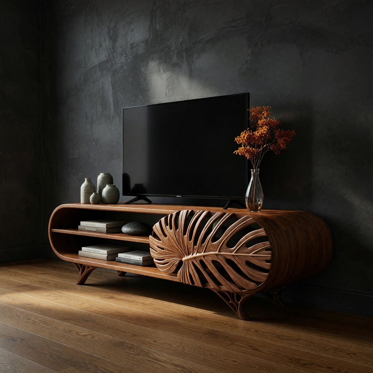 Hand Carved Monstera Leaf Door on a Wood TV Cabinet