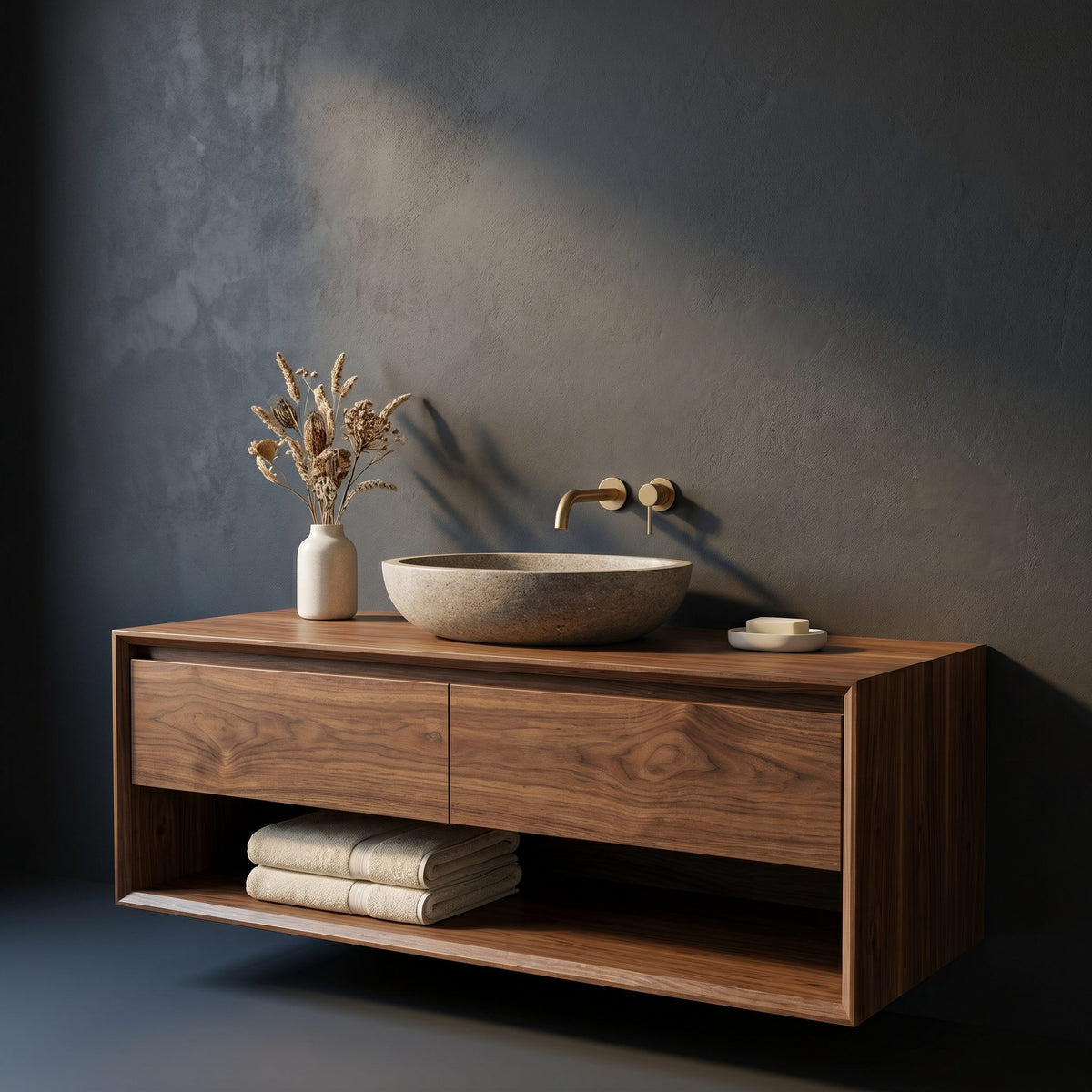 Solid Wood Bathroom Vanity Minimalist Natural Wall Mounted