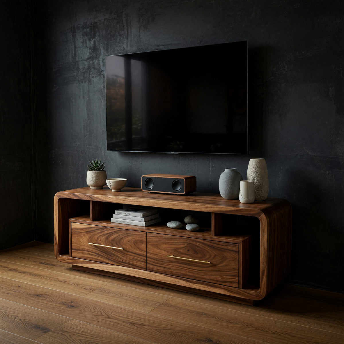 Rounded-Edge Media Console with Brass Pulls, Two Drawers