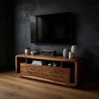 Rounded-Edge Media Console with Brass Pulls, Two Drawers