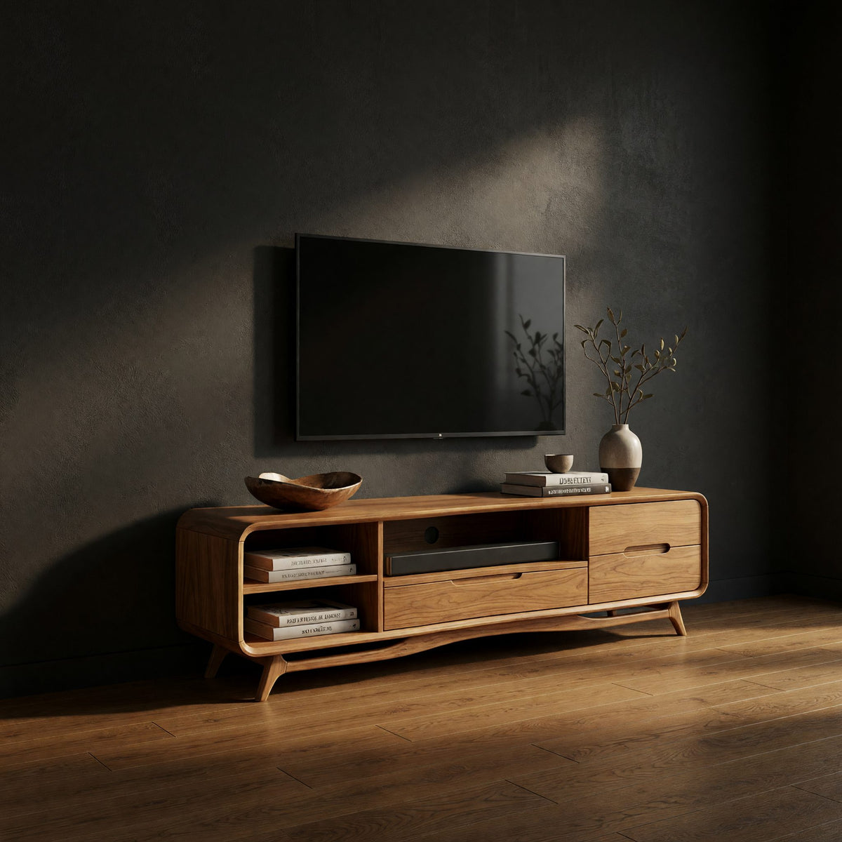 Warm Oak Media Console with Open Shelves and Drawers