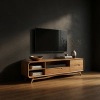 Warm Oak Media Console with Open Shelves and Drawers
