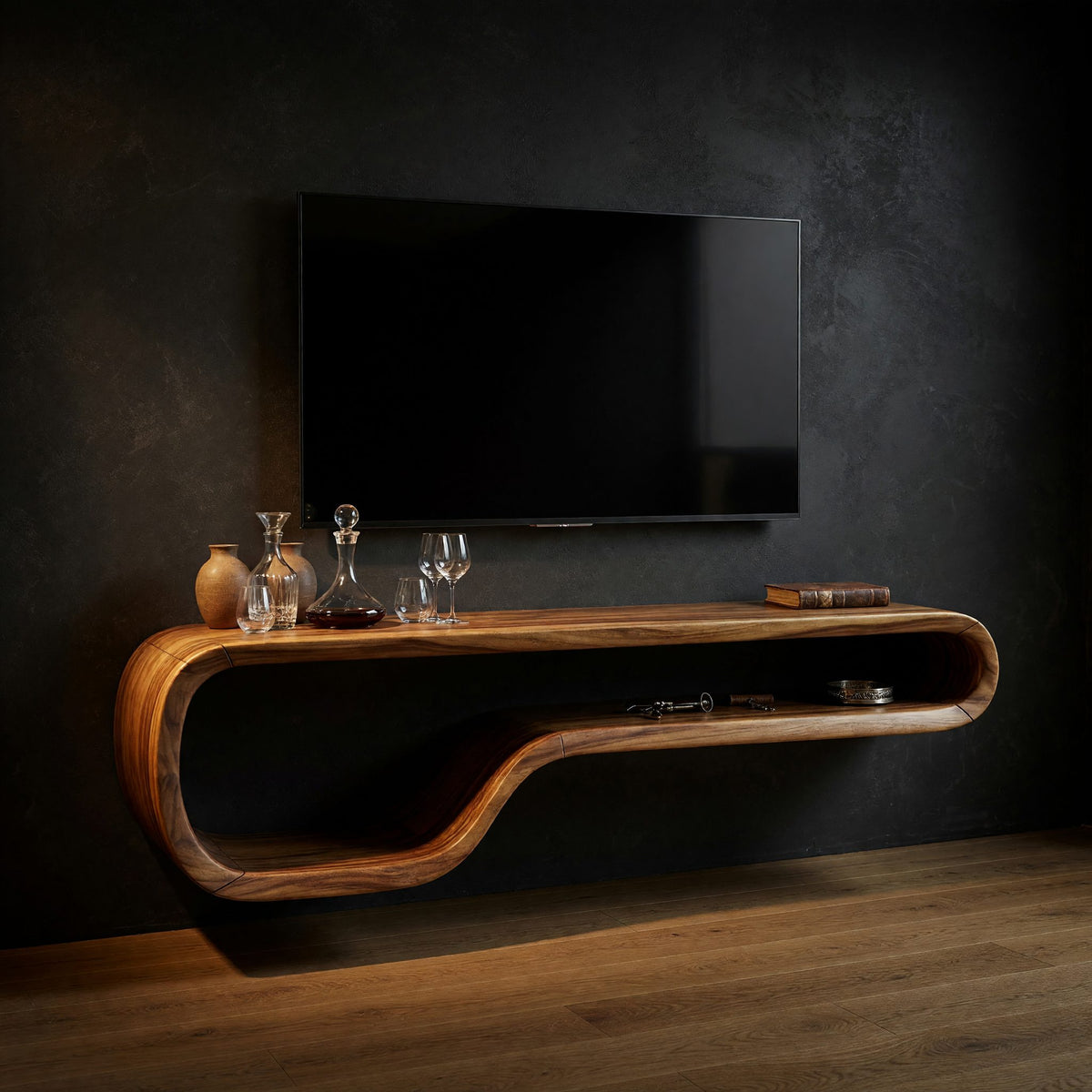 Ribbonline Floating TV Console in Sculpted Walnut