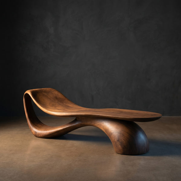Modern Wooden Bench With Curved Sculptural For Living Decor