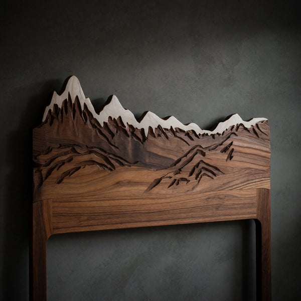 Solid Wood Headboard Rustic Style Mountain Carved Wall Art Bedroom