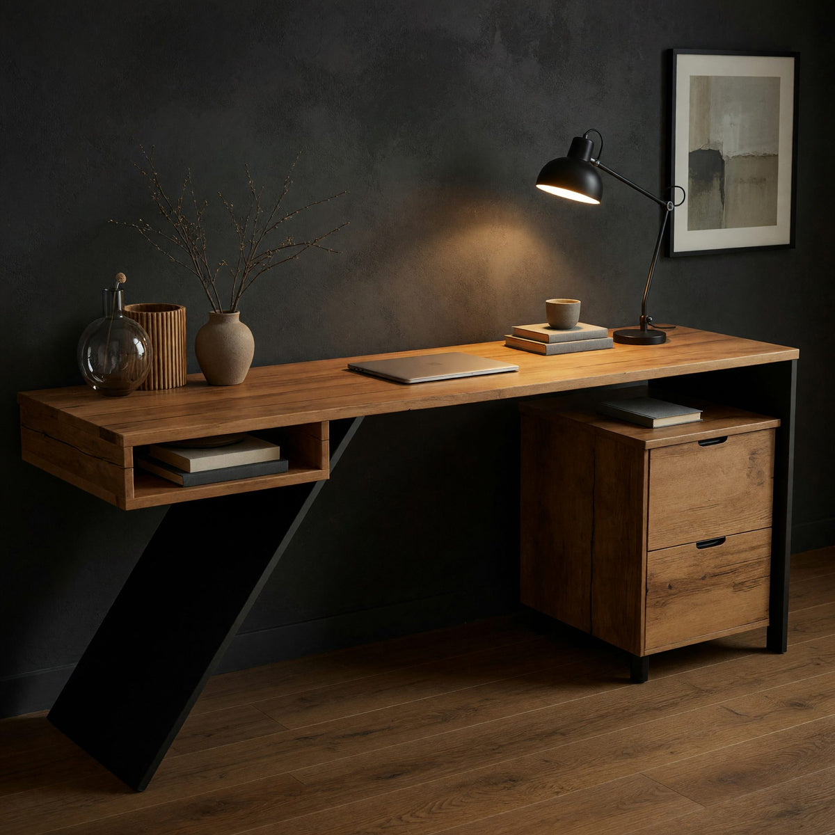 Hand-Cut Cantilever Desk in Solid Wood with Steel Leg