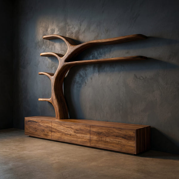Wooden Tv Stand With Branch Display Shelves For Living Room