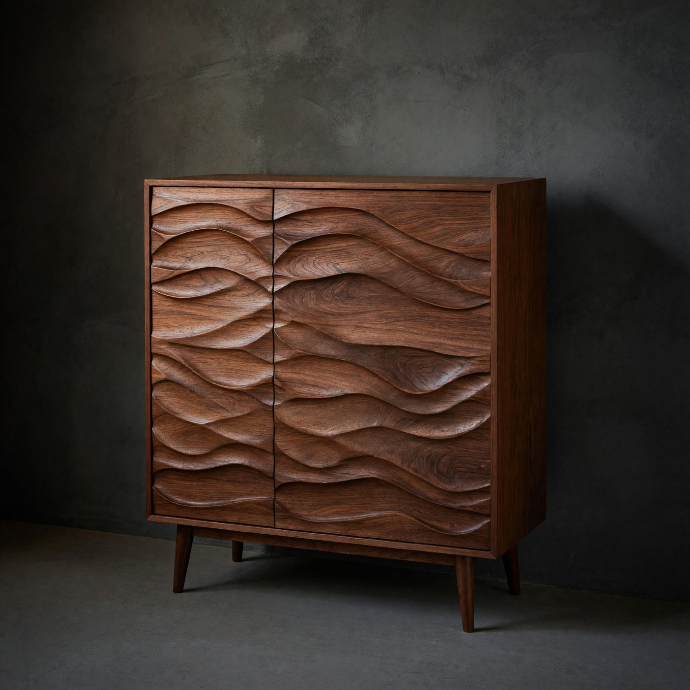 Solid Wood Bar Cabinet Sculptural Wine With Wave Carved Doors Kitchen
