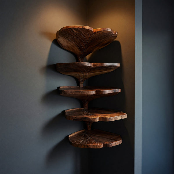Solid Wood Corner Shelf Mid Century Leaf Shape Kitchen Wall Organizer