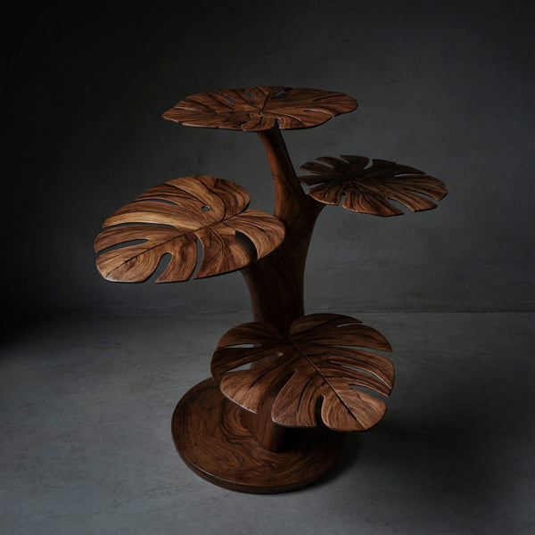 Handmade Wood Side Table With Leaf Shape Tabletop For Lounge
