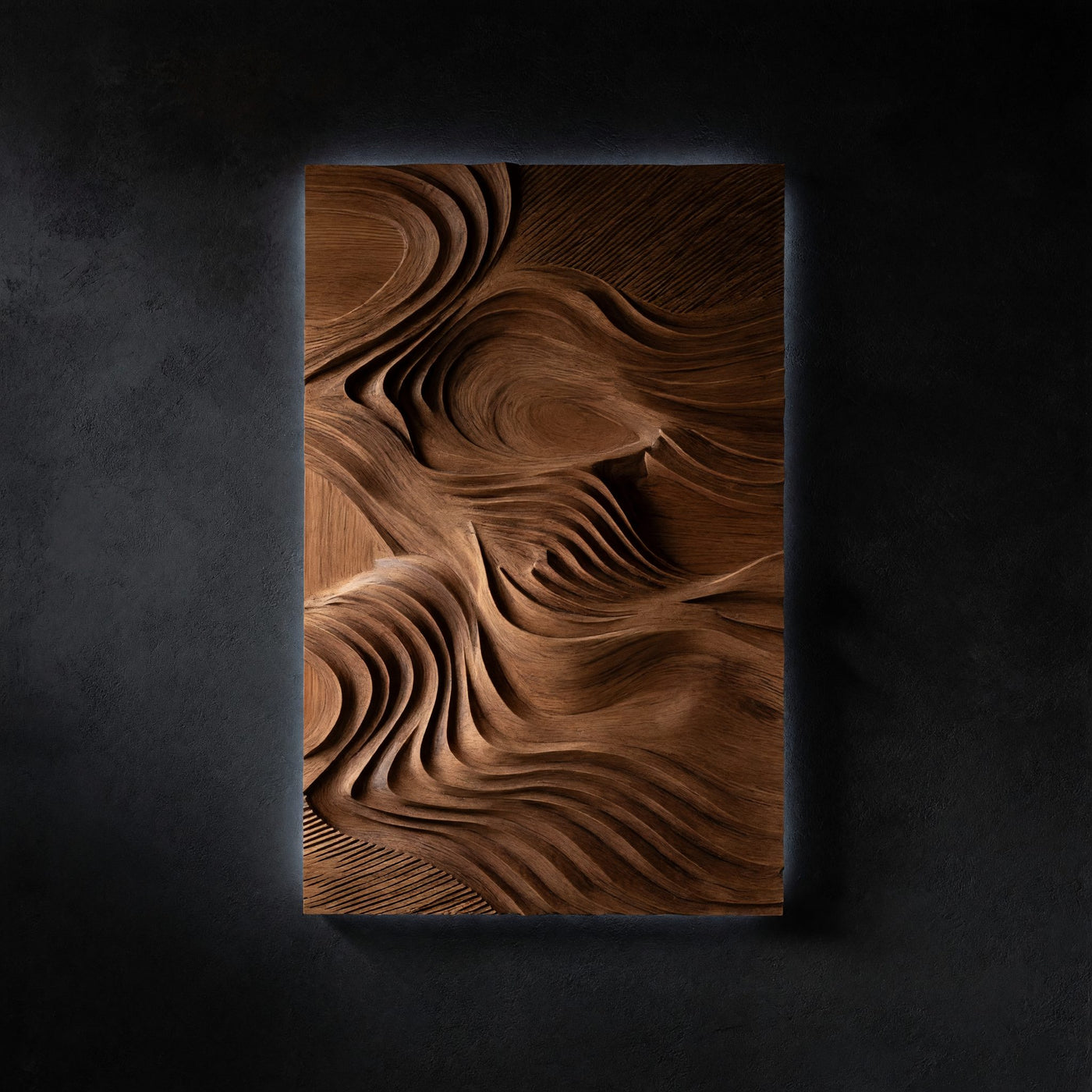 Layered Ridge Lines in Oak, a Carved Wall Panel