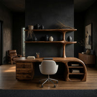 Trunk-Form Desk with Branching Wall Shelf Column
