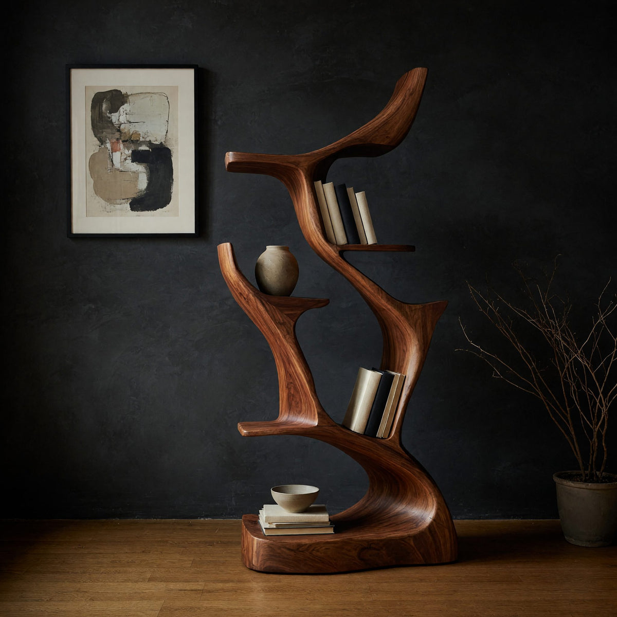 Hand-Carved Bookshelf with Forked Branch Uprights