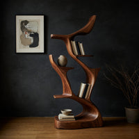 Hand-Carved Bookshelf with Forked Branch Uprights