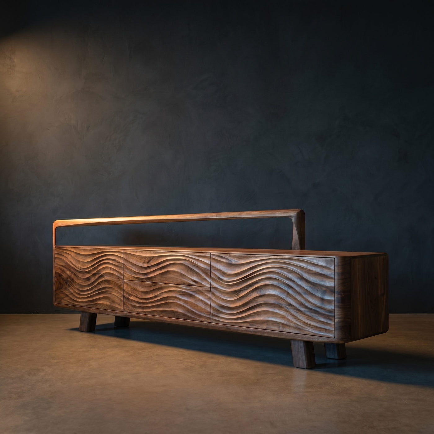 Curved Wood TV Console with Sculptural Display Shelving