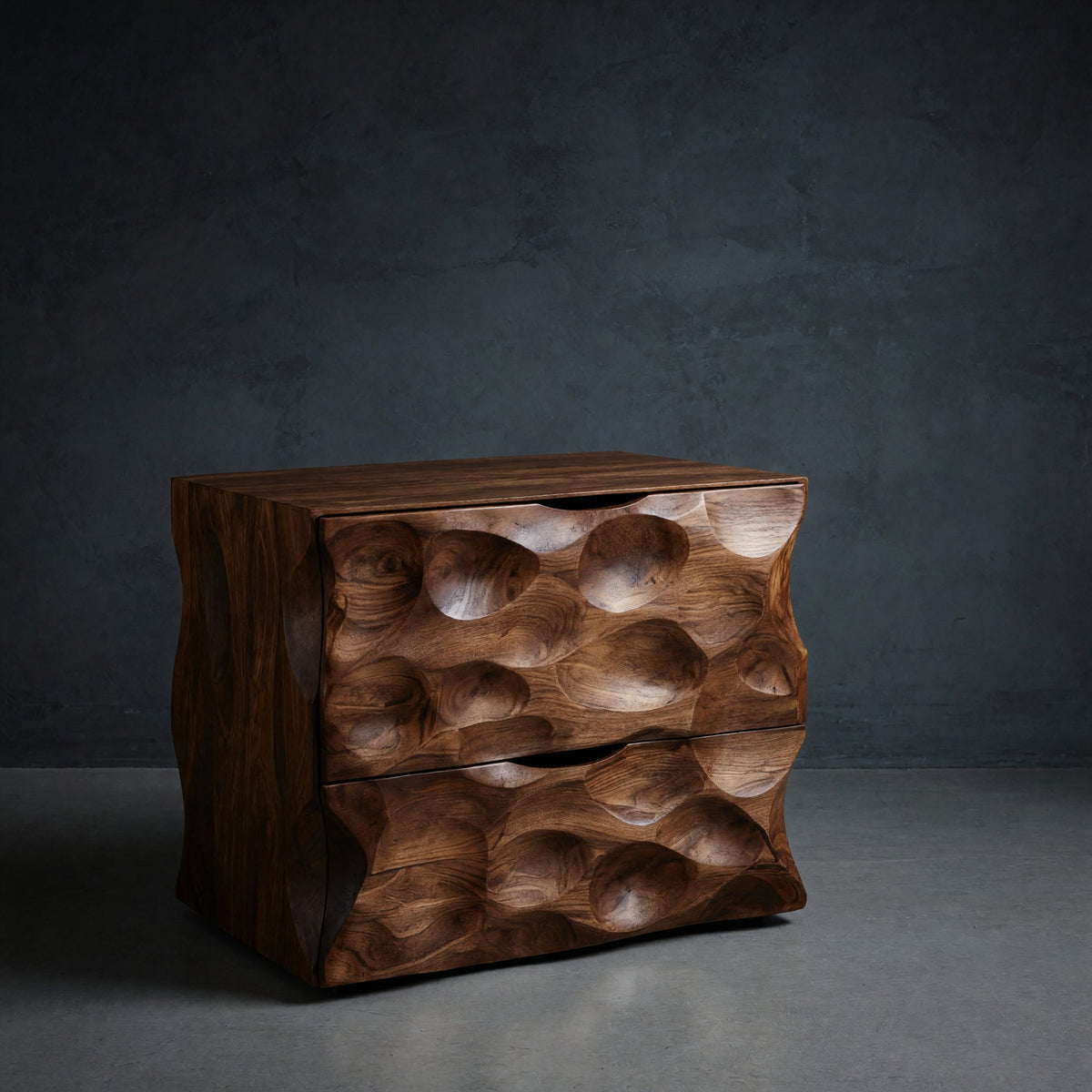 Solid Wood Nightstand Carved With Two Drawers Bedroom