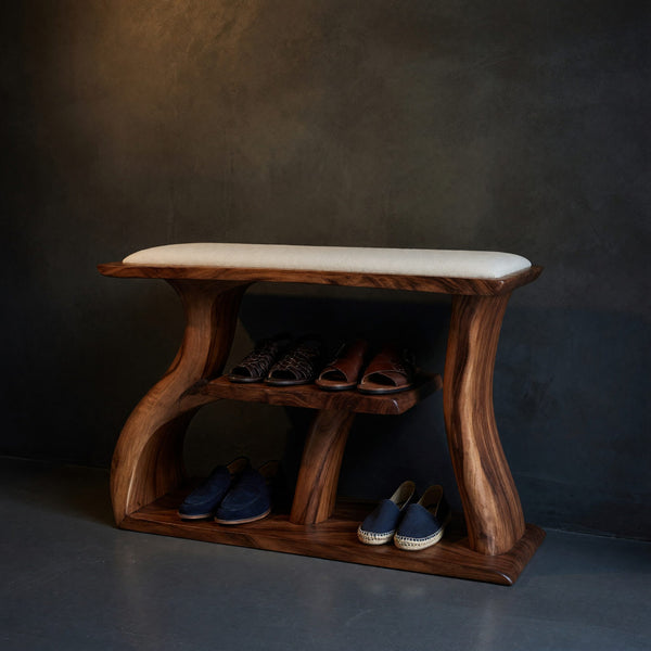 Solid Wood Shoe Storage Bench Mid Century Rack Shelf Foyer Hallway