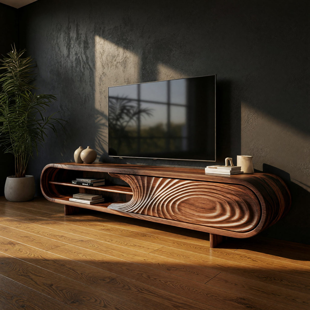 Chisel Carved Ripple Door on a Long Capsule TV Console