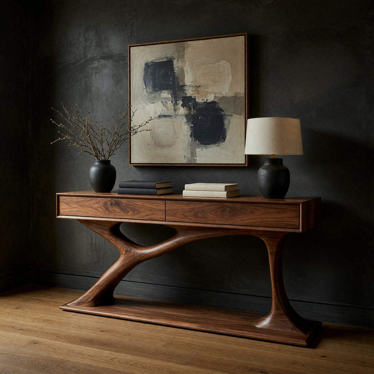 Console Table on a Curved Trestle Base, Solid Walnut