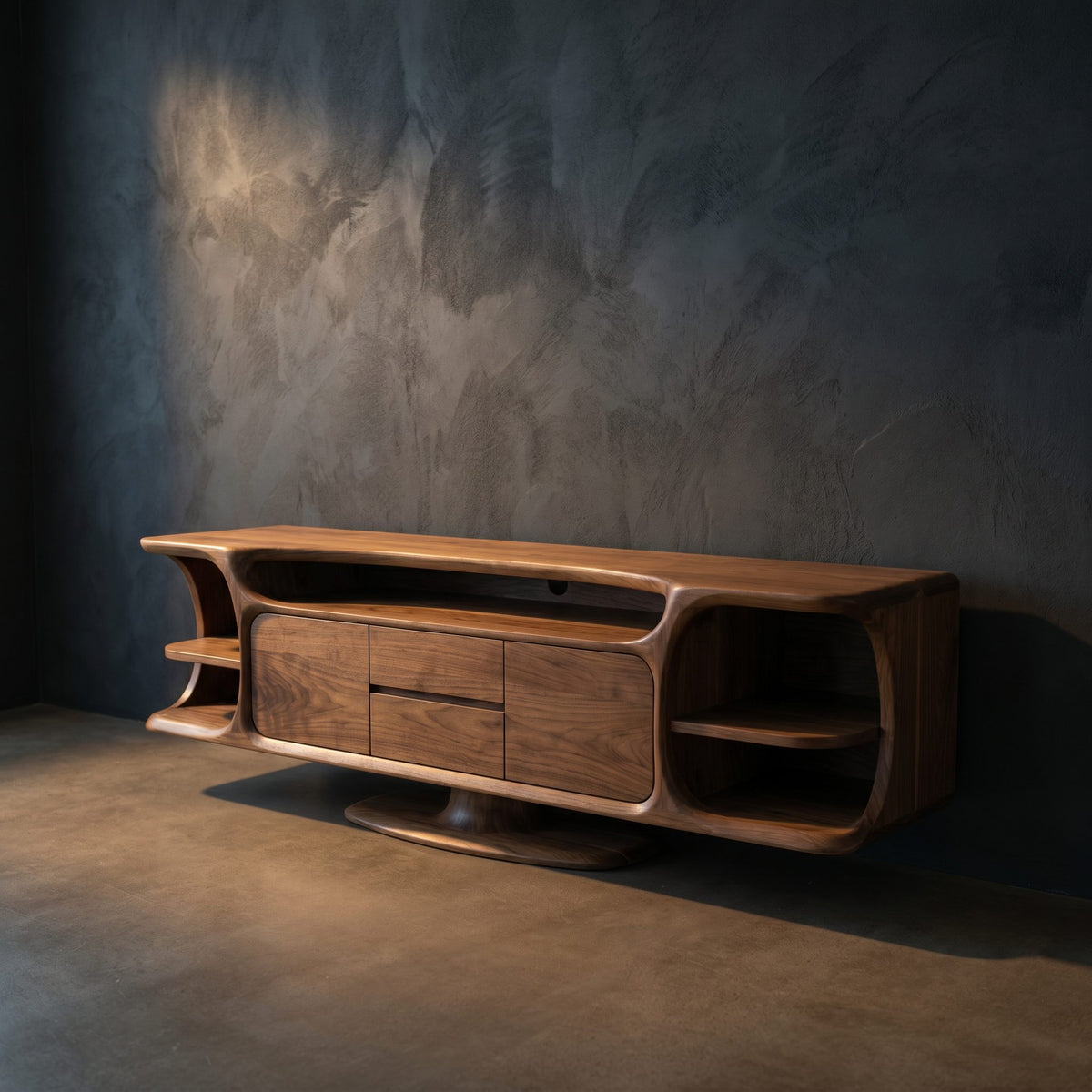 Rustic Wood Tv Cabinet With Sculptural Display Shelves For Home