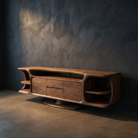 Rustic Wood Tv Cabinet With Sculptural Display Shelves For Home