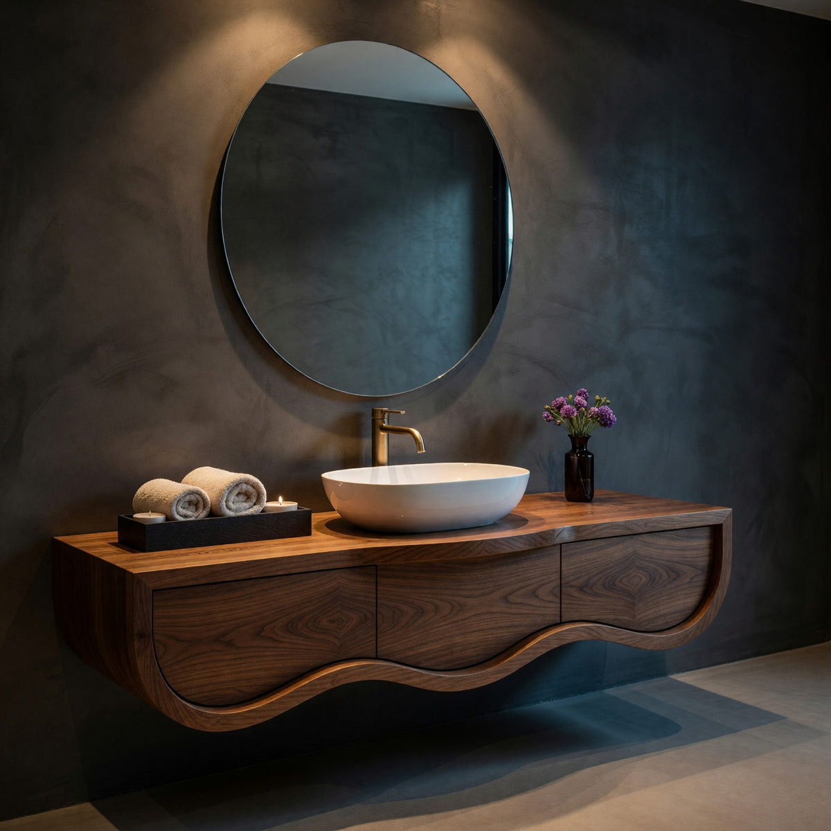 Solid Wood Bathroom Vanity With Floating Wave Shelf Modern Bath