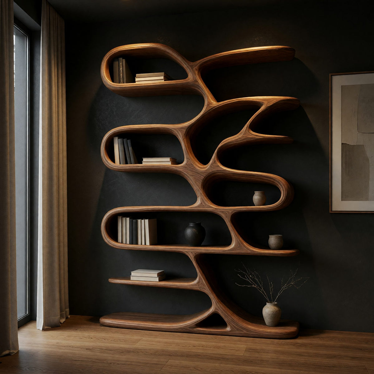 Hand-Carved Looping Bookshelf in Solid Walnut
