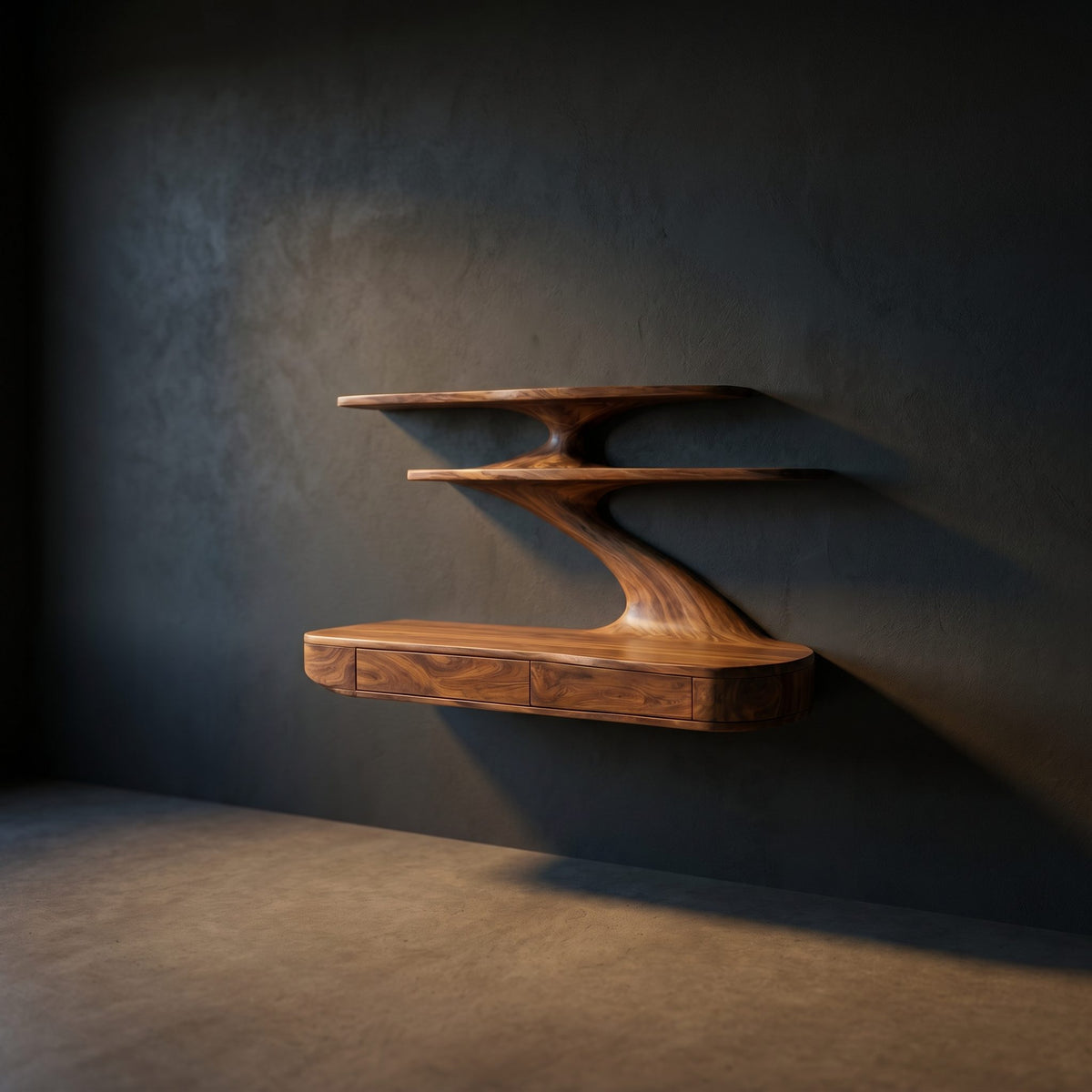 Floating Wooden Desk With Curved Upper Shelf Frame For Workspace