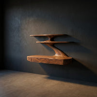 Floating Wooden Desk With Curved Upper Shelf Frame For Workspace