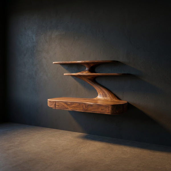 Floating Wooden Desk With Curved Upper Shelf Frame For Workspace