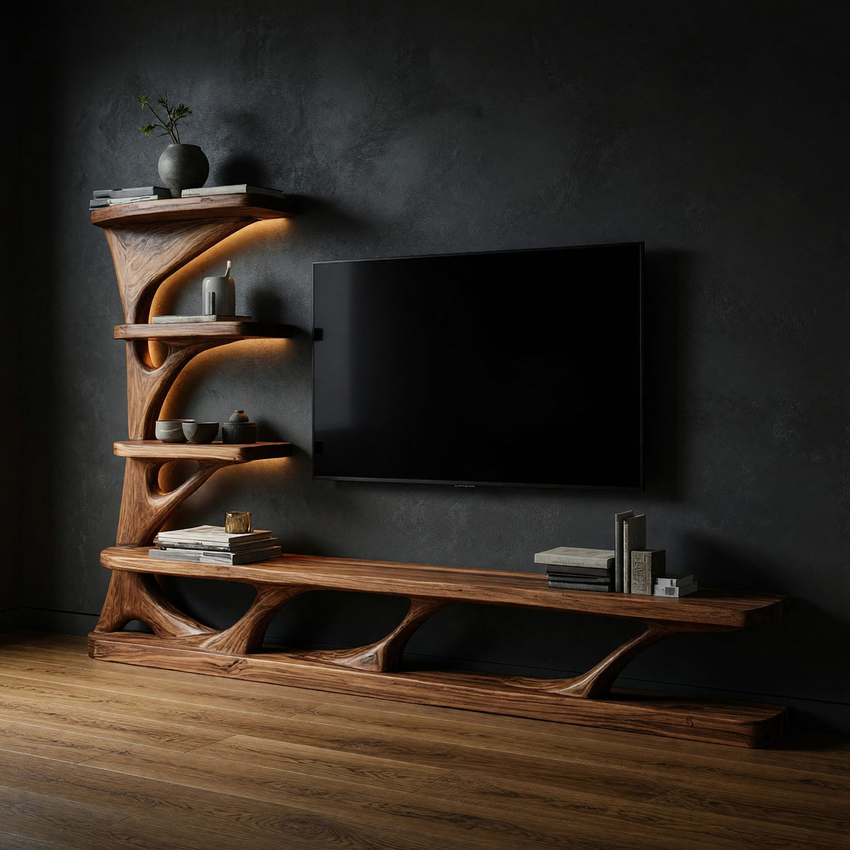Carved Branch-Form TV Console with Stacked Shelves