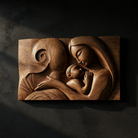 Mother and Child Carved Hardwood Wall Relief Panel — view 1