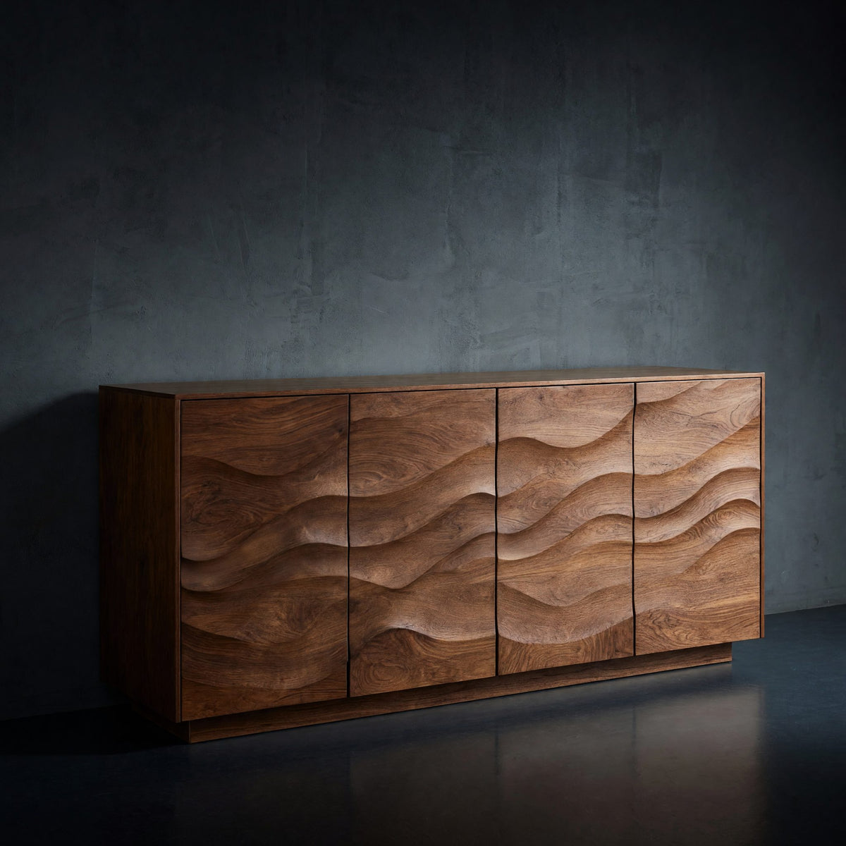 Solid Wood Sideboard Sculptural With Wave Carved Front Living Room
