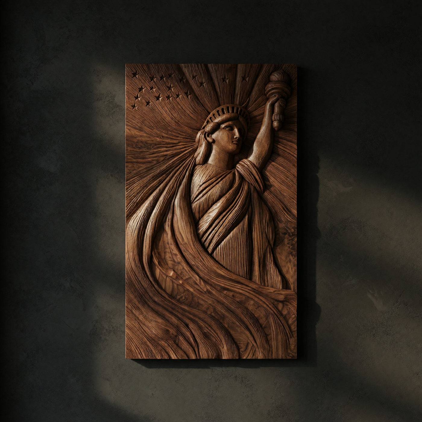 Hand-Carved Statue of Liberty Relief in Solid Walnut